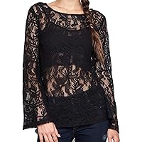 Umgee USA Women's Sheer Lace Bell Sleeve Blouse Black