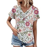 Shirts for Women, Summer Tops Floral V Neck Short Sleeve Comfy Women's Oversized Tshirts T, S, XXL