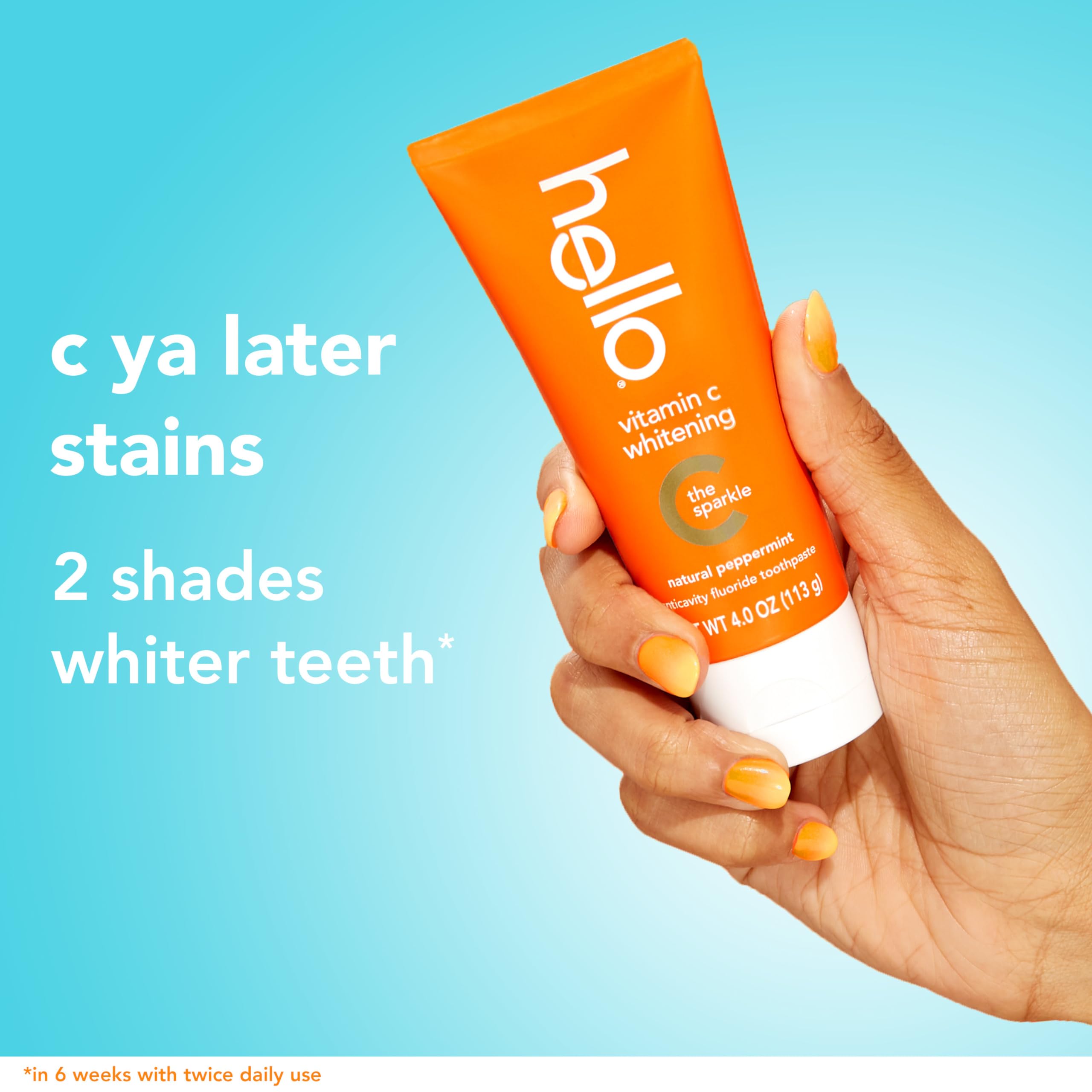 Hello Vitamin C Whitening Toothpaste with Fluoride, Teeth Whitening Toothpaste for Adults, Helps Freshen Breath and Removes Surface Stains, SLS Free, Natural Peppermint Flavor, 4.0 oz Tube