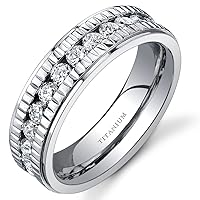 PEORA Women's Titanium Eternity Ring, Cubic Zirconia Wedding Anniversary Band, Custom Notched Design, 6mm, Sizes 5 to 8