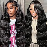 13x4 Body Wave Lace Front Wigs Human Hair Pre Plucked 28 Inch 180% Density HD Transparent Frontal Wigs Glueless Wigs Human Hair Lace Front Wig for Black Women with Baby Hair Natural Black