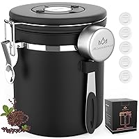 Coffee canister for ground coffee with Scoop Date Tracker One Way Co2 Valve 304 Stainless Steel Kitchen Food Airtight storage container for Coffee Beans,Grounds,Tea,Sugar (Black, 16oz)
