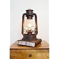 Electric Lantern Table Lamp for bedrooms to give You The Perfect Farmhouse Look Large 15 inches Tall with Large Hurricane Glass and in line Cord dimmer. Rustic Rust Patina Hand Finish.
