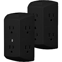 GE 6-Outlet Extender, 2 Pack, Grounded Wall Tap, Reset Button, Circuit Breaker, Adapter Spaced Outlets, 3-Prong, Multiple Plug, Quick and Easy Install, Cruise Essentials, UL Listed, Black, 48779
