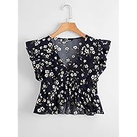 Womens Summer Tops Allover Floral Print Ruffle Armhole Peplum Top (Color : Navy Blue, Size : X-Small)