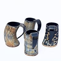 Authentic Handcrafted Natural Horns Wooden Base Viking Drinking Horn Mugs Tankard For Beer Ale Food Grade wine Mugs Set of 4