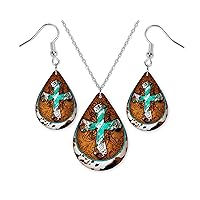 Faux Teal Cross and Cowhide Wood Earrings or Necklace Set - Western Jewelry Set - Rustic Jewelry Combo - Gift Set - Wood Printed Jewelry (Earrings and Necklace Set)