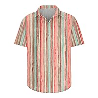 Mens Summer Beach Shirt Fashion Color Matching Stripe Short Sleeve Turndown Collar Button Down Casual Hawaiian Shirt