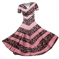 My Account Flowy Dresses for Women Floral Print A Line Elegant Pretty Slim Fit with Short Sleeve V Neck Tunic Dress Rose Gold XX-Large