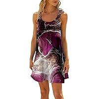 Vacation Clothes for Women Beach Dress for Women 2024 Summer Print Fashion Sparkly Loose Fit with Sleeveless Round Neck Ruched Dresses Hot Pink Large
