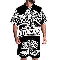 Men Casual Button Down Shirts and Shorts Set - Motocross Boy and Checked Flag