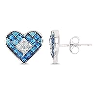 Sterling Silver Rhodium Square Blue Spinel & White Cubic Zirconia Heart Stud Earring