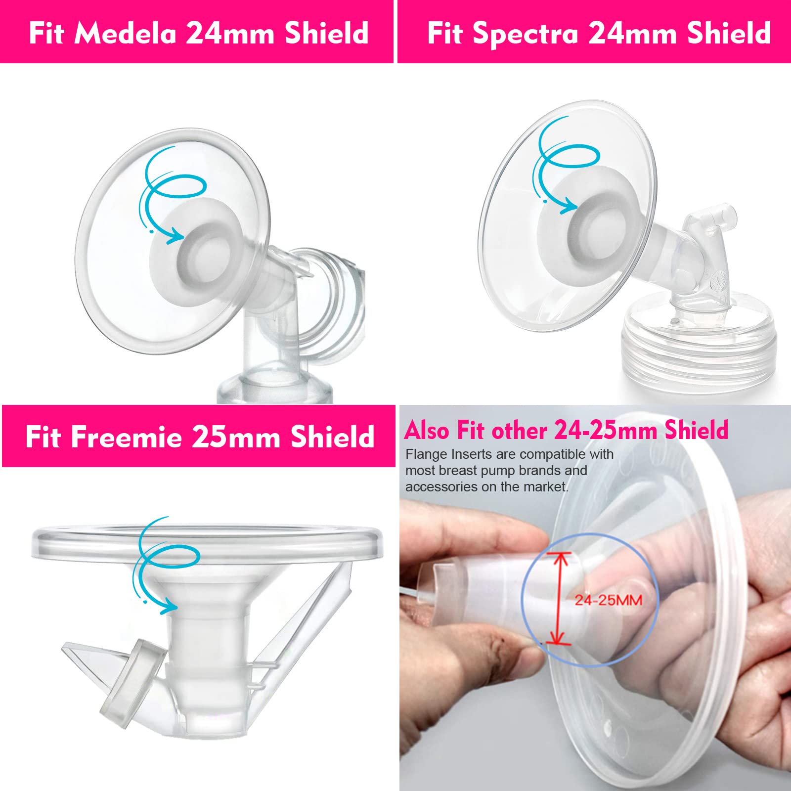 Durceler 22mm Silicone Flange Inserts Compatible with Medela / for Spectra S1 S2 / Rainyb / Willow go/ Momcozy S12/ TSRETE 24mm Breast Pump Shields or Freemie 25mm; Reduce Nipple Tunnel Down to 22mm