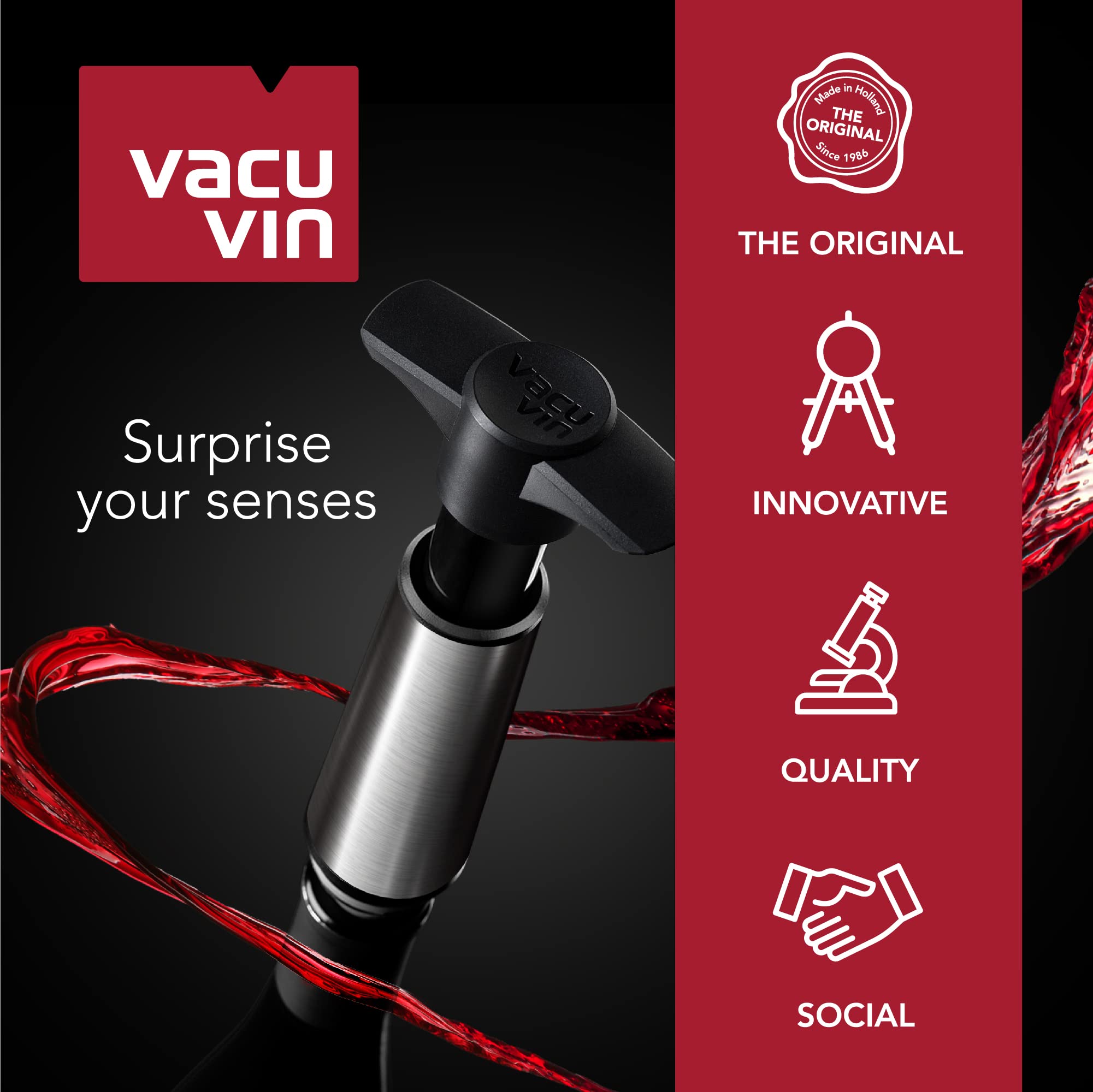 Vacu Vin Wine Saver Pump Grey with Vacuum Wine Stopper - Keep Your Wine Fresh for up to 10 Days - 1 Pump 2 Stoppers - Reusable - Made in the Netherlands