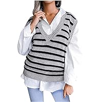 Sweater Vest Women Fall Fashion V Neck Blue & Black Striped Knitted Pulllover Tops Casual Comfy Blouses
