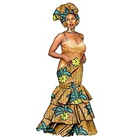 2022 African Dresses for Women, V-Neck, Cotton, Print Ruffles Floor-Length Dress with Turban Headwrap for Wedding/Party