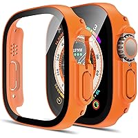 TAURI 2 Pack Hard Case Designed for Apple Watch Ultra 49mm with 9H Tempered Glass Screen Protector, [Touch Sensitive] [Full Coverage] Slim Bumper Protective Cover for iWatch 49mm- Orange