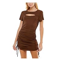 Womens Stretch Ruched Flutter Sleeve Crew Neck Mini Evening Body Con Dress