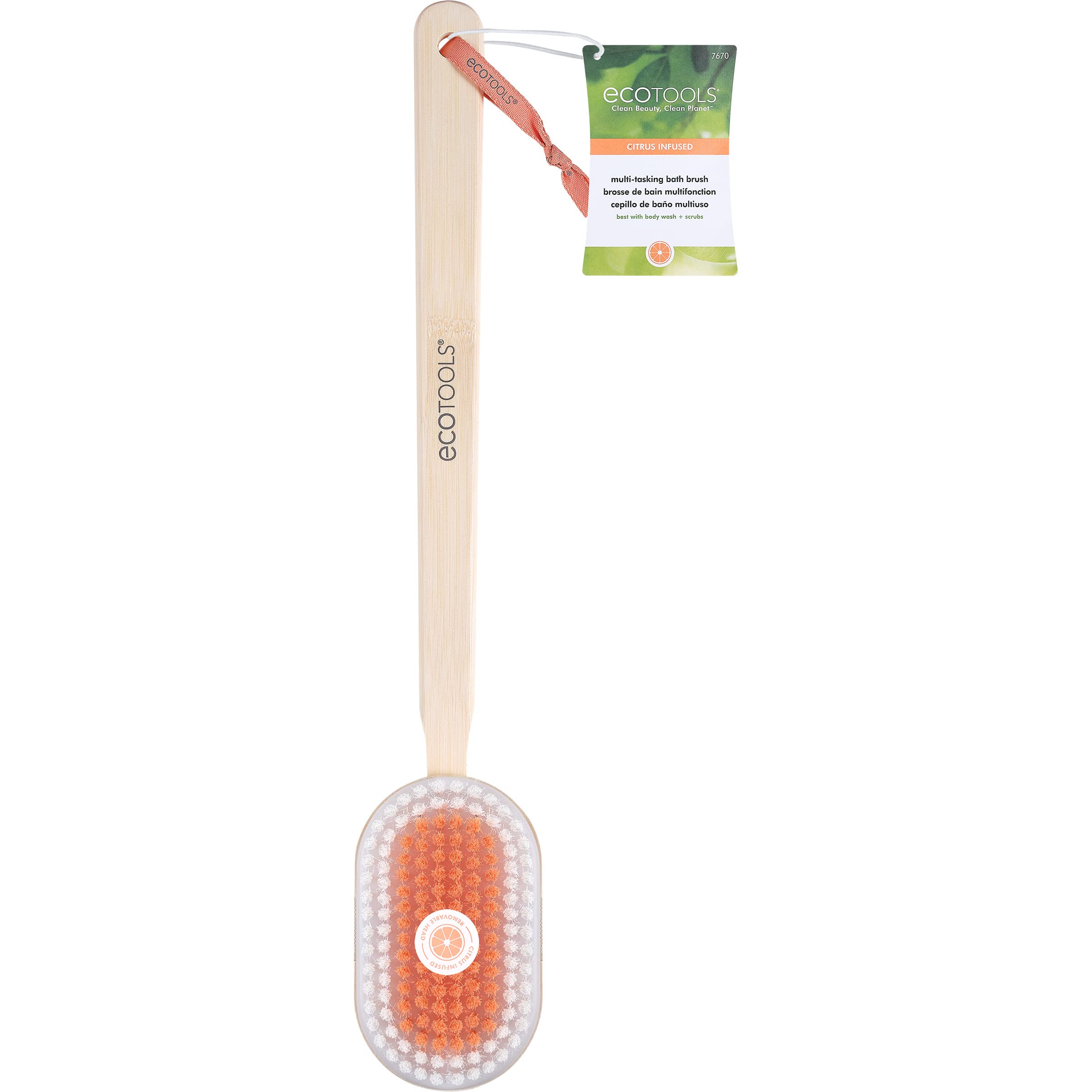 EcoTools Multi-Tasking Bath Brush, Citrus Infused Shower Brush with, Long Ergonomic Handle, Back Scrubber, Exfoliating Bath Brush, Cleanses Hard to Reach Areas, Refreshing Clean, 1 Count