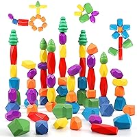 44PCS Sensory Toddler Wooden Stacking Rocks Toys for Boys & Girls Ages 3+ Year Old Building Blocks Montessori Preschool Educational STEM Toys for Kids Birthday Gifts Safe Creativity Rainbow Stones