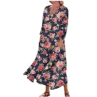 3/4 Sleeve Dresses for Women Summer Boho Maxi Dresses Printed Beach Sundresses Flowy Casual Long Dress with Pockets
