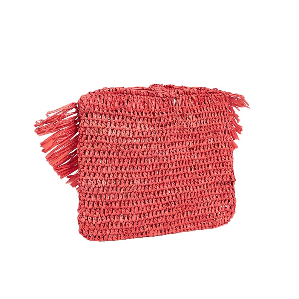 Mar Y Sol Mia Crochet Raffia Fringe Clutch, Coral