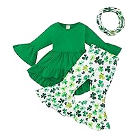 Toddler Baby Girls St. Patricks Day Outfits Ruffle Long Sleeve Top Dress +Shamrock Print Pants+Scarf 3Pcs Clothes