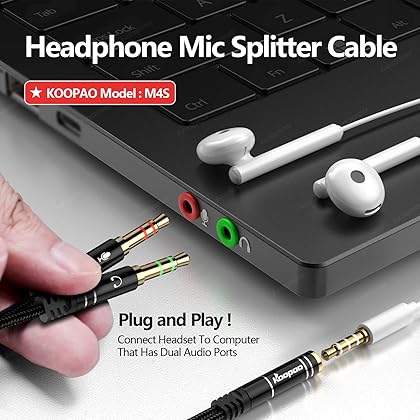 KOOPAO Headphone 3.5mm Splitter Mic Cable for Computer, Headset 3.5mm Female to 2 Dual Male Microphone Audio Stereo Jack Earphones Port to Gaming Speaker PC Adapter