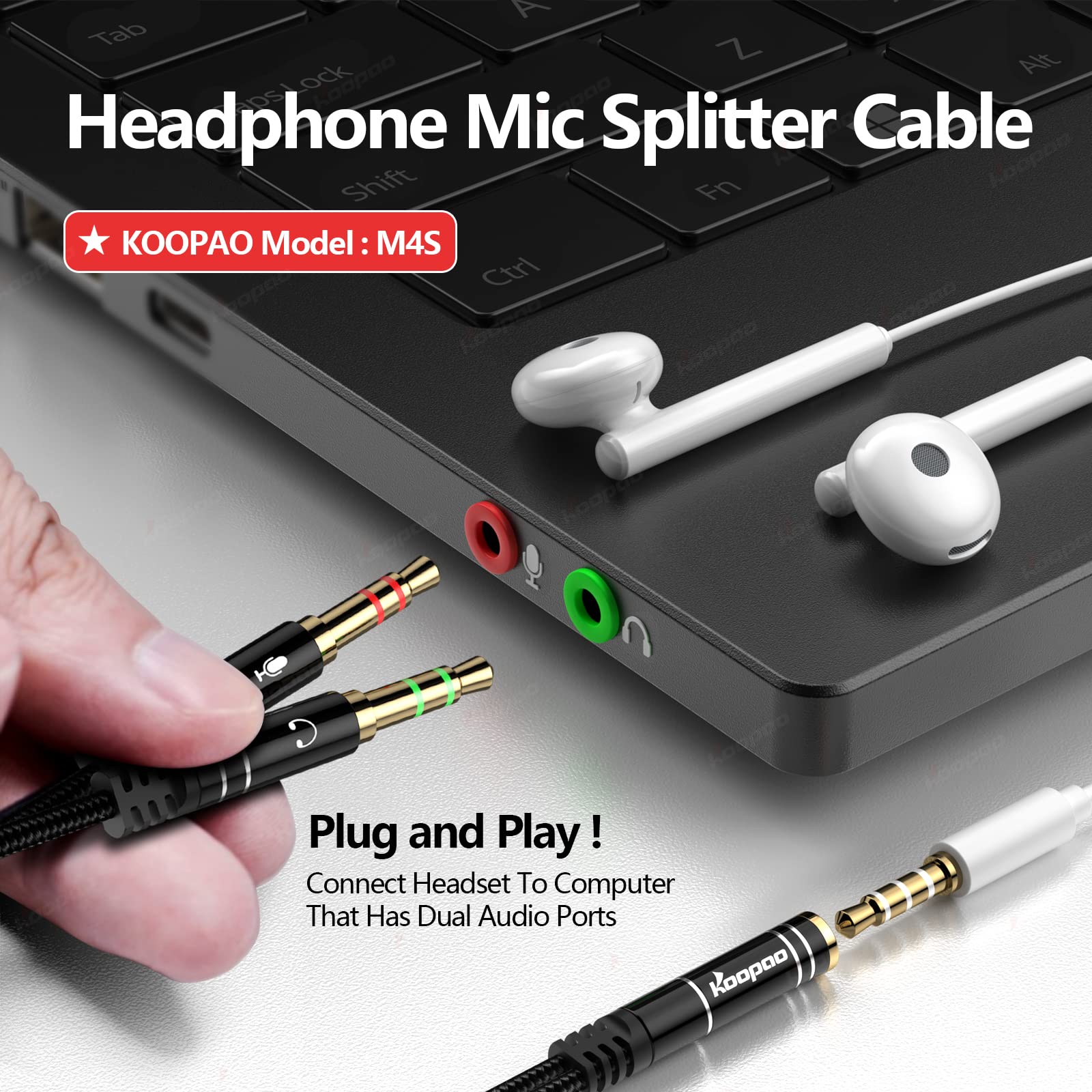 Headphone 3.5mm Splitter Mic Cable for Computer, KOOPAO Headset 3.5mm Female to 2 Dual Male Microphone Audio Stereo Jack Earphones Port to Gaming Speaker PC Adapter
