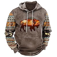 Mens Western Cowboy Hoodie Retro Cow Skull Aztec Graphic Hooded Sweatshirt Casual Long Sleeve Drawstring Pullover