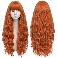Orange Wig with Bangs for Women Long Curly Wavy Ginger Wig Girls Halloween Cosplay Heat Resistant Synthetic Wig with Cap -27''