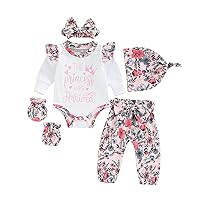 Newborn Baby Girls Fall Clothes 5Pcs Princess Arrived Print Romper Floral Pants Set Outfit