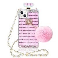 Losin Compatible with iPhone 15 Plus Bling Case Luxury 3D Perfume Bottle Design for Women Girls with Crossbody Lanyard Strap & Cute Plush Furry Ball Glitter Sparkle Shiny Diamond Rhinestone Cover