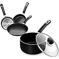 Professional 4 Nonstick Pieces Set – 8 Inches, 9.5 Inches and 11 Inches Frying Pans along with a 2 Quart Saucepan with Glass Lid - Scratch Resistant Pans for kitchen and restaurants (Grey-Black)