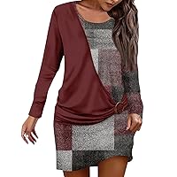 Trendy Plus Size Mini Dress for Women Casual Fall Winter Long Sleeve Elegant Formal Ruched Floral Plaid Short Dress