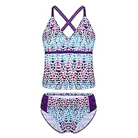 iiniim Big Girls Youth Two Piece Tie-Dye Tankini Swimsuit Bikini Bathing Suit Halter Top Boyshort/Swim Briefs (6, Candy Purple)