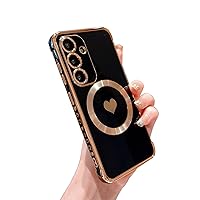 phylla Magnetic Phone Case for Samsung Galaxy S24+ Plus 5g [ Compatible with MagSafe ] Luxury Plated Cute Love Heart Protective Cover Soft Shockproof Side Elegant Heart Pattern Bumper (Black)