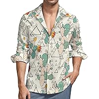Prickly Pear Cacti and Triangles Men's Button Down T Shirts Long Sleeve Casual Hawaiian Shirt Pocket Print Top