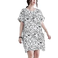 Mila Women's Cotton Linen Casual Dress Round Collar Baggy House Dress Plus Size O Neck Short Sleeves Summer