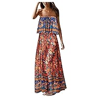 Maxi Dresses for Women 2024 Plus Size with Sleeves,Summer Women's Beach Strapless Dress Print Floral Dress Bohe