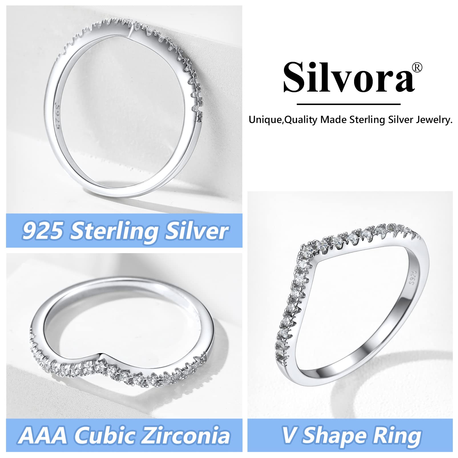 Silvora Sterling Silver Stacking Wishbone Rings for Women Teen Girls, Wedding Band Jewelry with Delicate Gift Packaging, Customizable