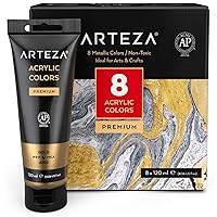 ARTEZA Metallic Acrylic Paint, 8 Metallic Colors in 4.06 ounce Tubes, Non Toxic Artist Paints for Hobby Painters, Art Supplies for Canvas Painting