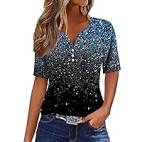 Summer Tops for Women 2024 Vacation Trendy Button V Neck Boho Short Sleeve Shirts Casual Solid Color Loose Tunic Top