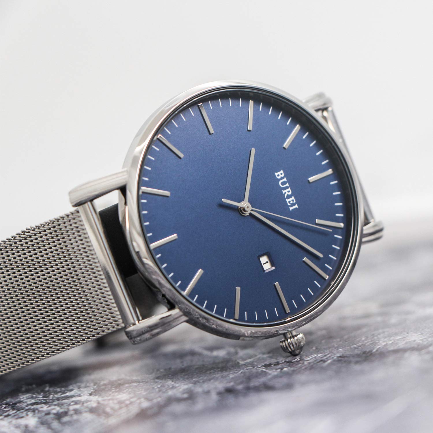 BUREI Herren Uhren Ultra Dünne Silber Blau Minimalistische Quartz mit Datumsanzeige