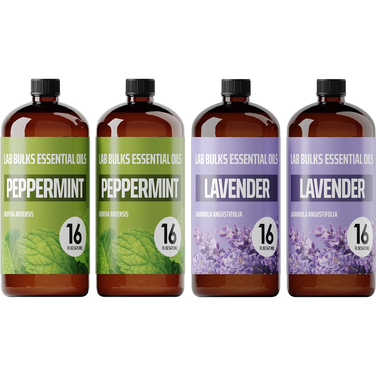 Bundle of Lab Bulks Peppermint and Lavender Essential Oils, 16 oz Bottles, for Diffusers, Home Care, Candles, Aromatherapy.