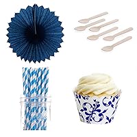 Dress My Cupcake Dessert Table Party Kit with Pinwheel Fans and Mini Wrappers, Royal Blue Filigree