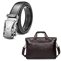 BOSTANTEN Men's Leather Ratchet Dress Belt and Leather Briefcase Handbag Messenger Business Bags for Men Brown