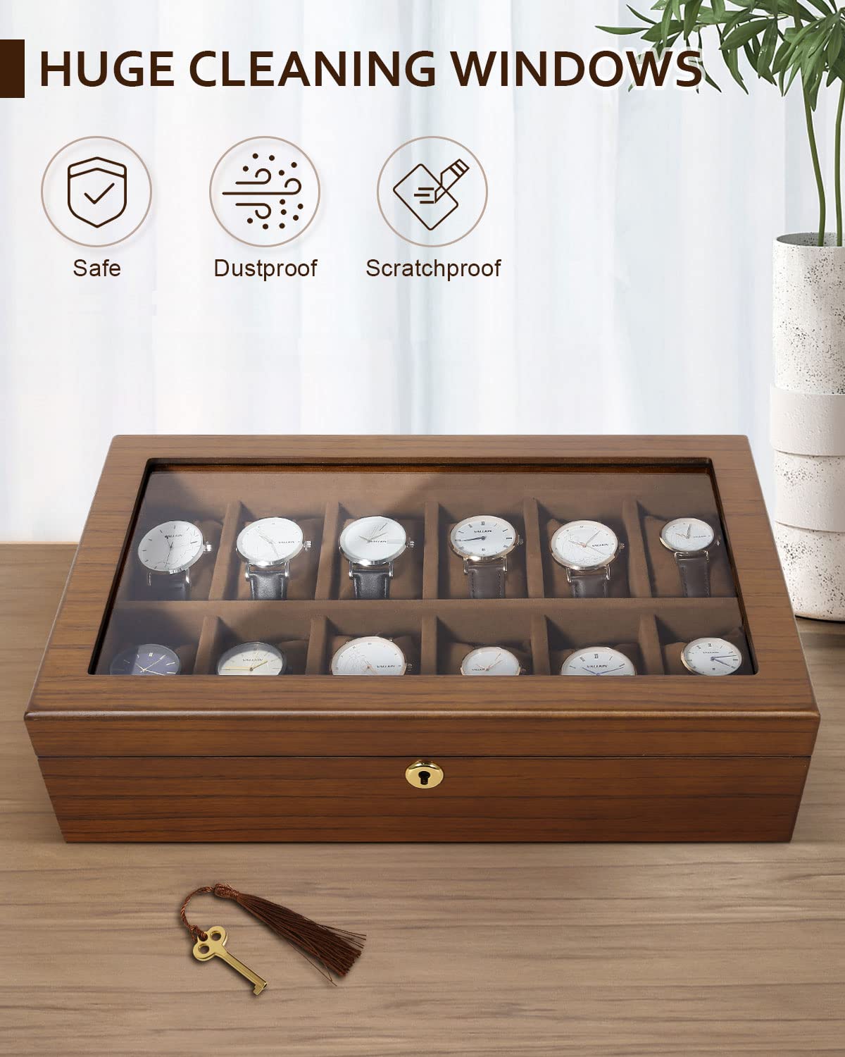 Uten Watch Box with 12 Slots, Watch Case Organizer with Golden Lock and Key, Wooden Watch Display Storage Box with Removable Watch Cushions, Velvet Lining, Metal Clasp, Gift for Men & Women
