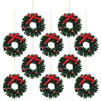10 Pieces Mini Artificial Christmas Wreaths Ornaments, Dollhouse Miniature Christmas Wreath Doll House Mini Xmas Wreath for Dollhouse Door Windows Christmas Tree Decoration (Red Bowknot)