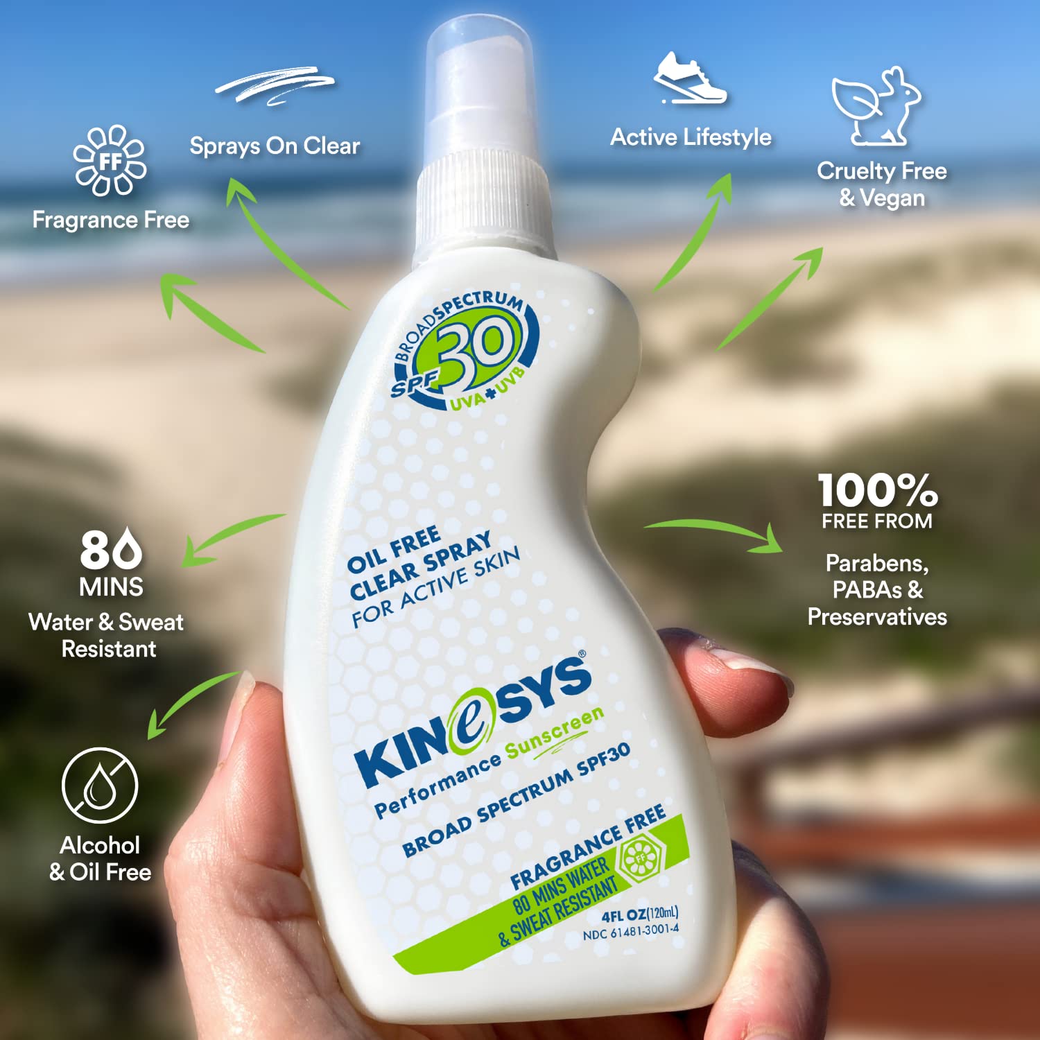 KINeSYS Fragrance Free Clear Spray Sunscreen for sensitive skin, SPF 30, Hypoallergenic, Broad Spectrum UVA/UVB protection for Face & Body Alcohol, PABA and Oxybenzone FREE, 700 Sprays, 4 fl. oz